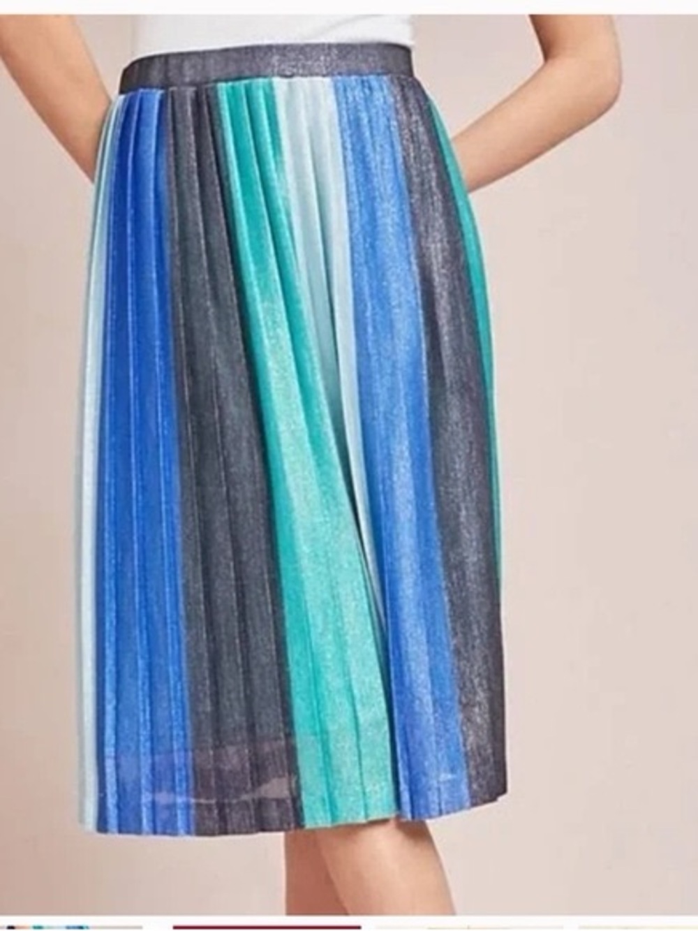 Anthropologie Maeve Colorblock Blue Metallic Shimmer Pleated Midi Skirt